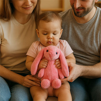 bébé avec peluche lapin rose