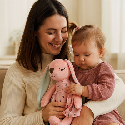 bébé dans bras maman avec peluche lapin