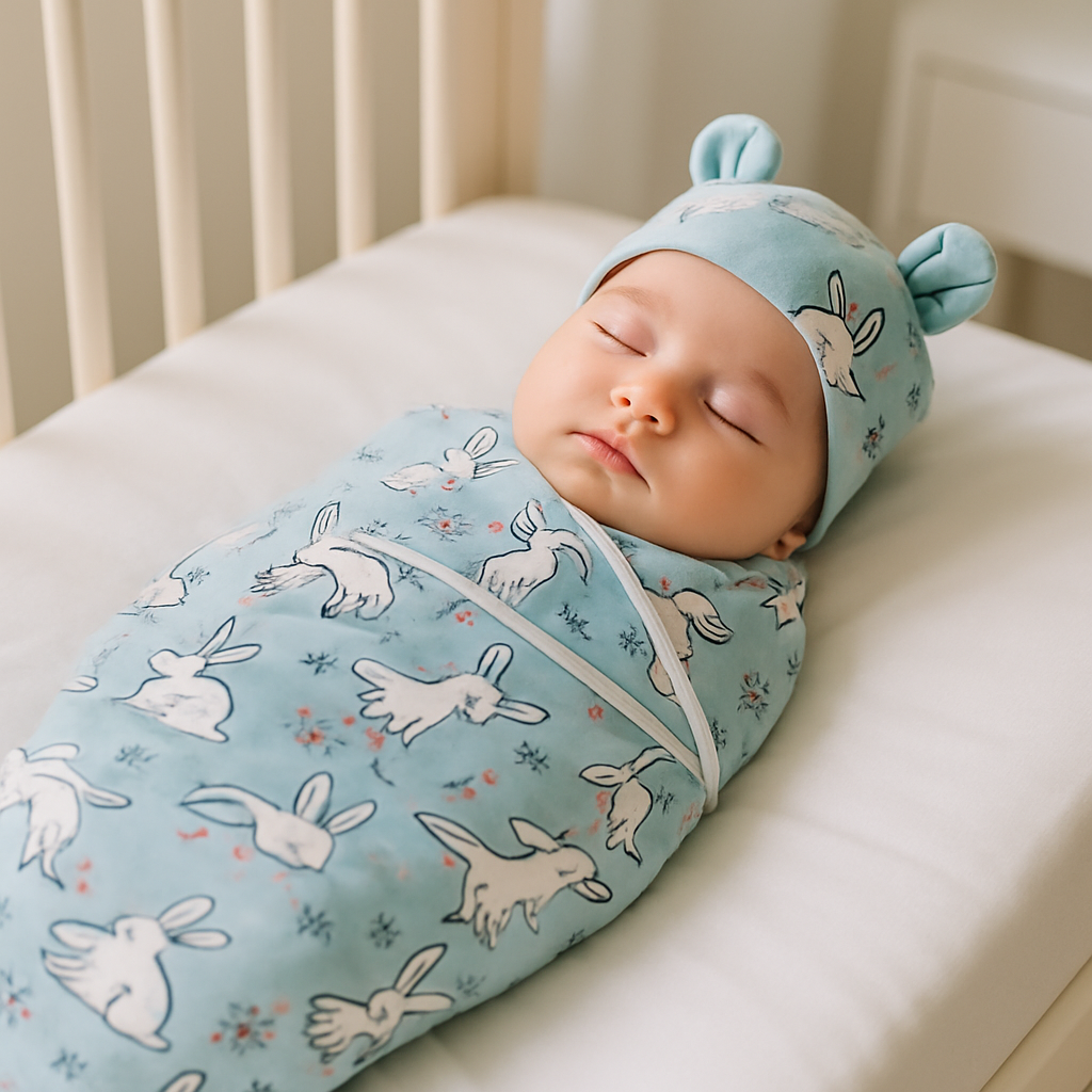 bébé dort paisiblement dans couverture emmaillotage lapins blancs