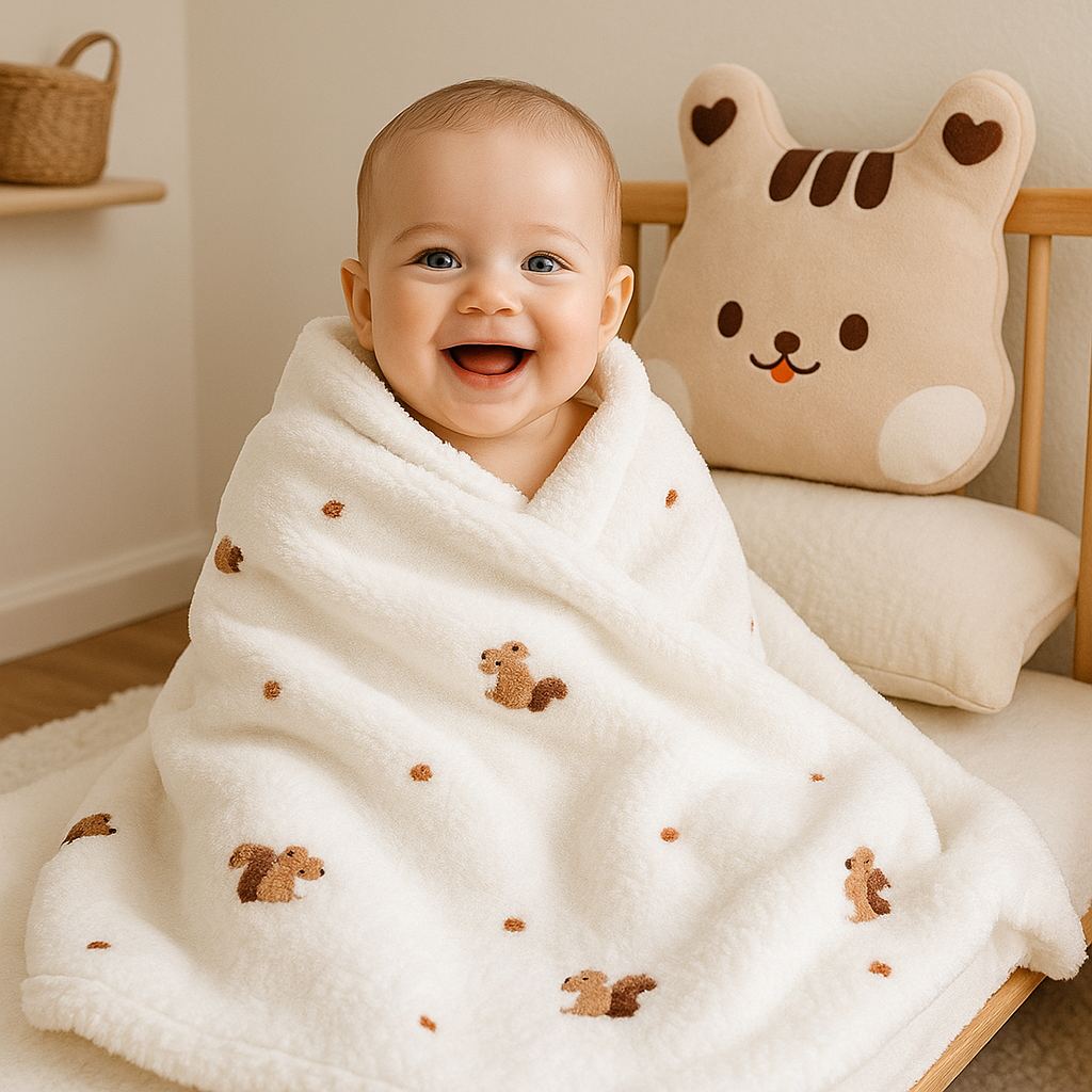 bébé heureux enveloppé polaire couverture écureuil
