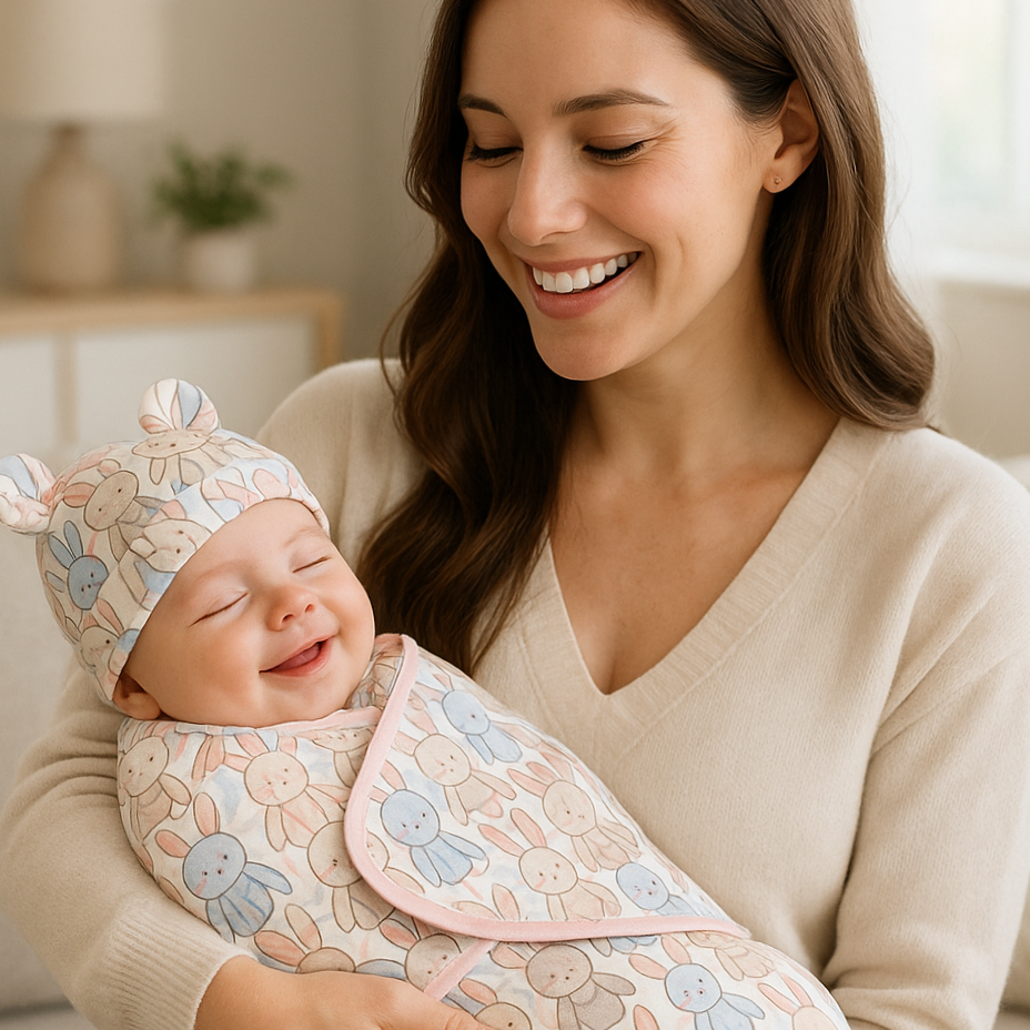 bébé sourit dans bras maman et couverture emmaillotage lapinoux