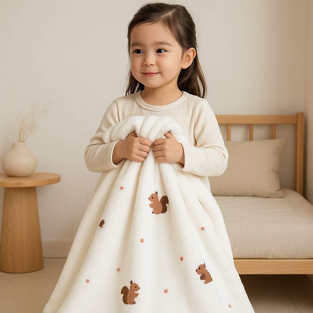 fillette avec sa polaire couverture bebe écureuil