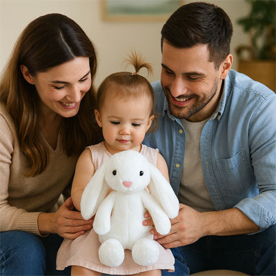 peluche lapin blanc en famille