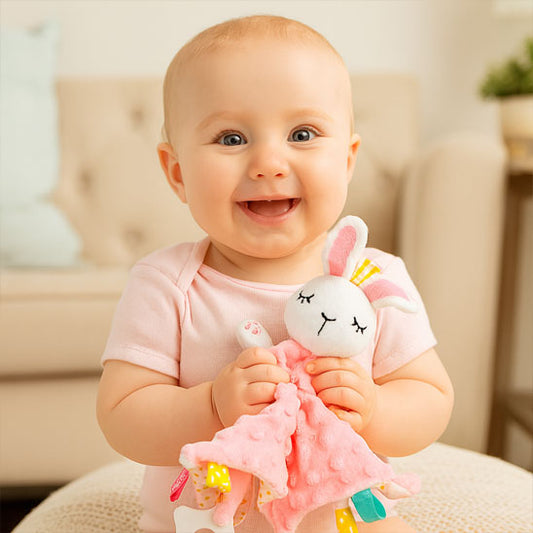 bebe épanoui avec doudou bebe lapin