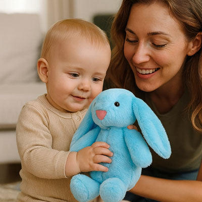 bébé et maman admire peluche lapin bleu