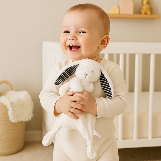 bébé heureux avec doudou bébé