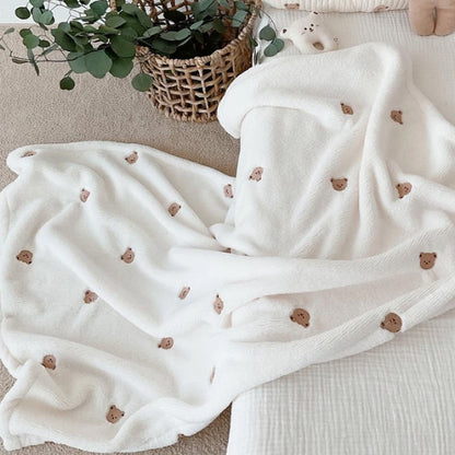 couverture bébé blanche tête ours marron