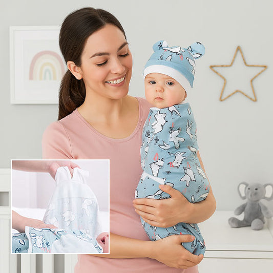 maman et bébé heureux dans couverture emmaillotage